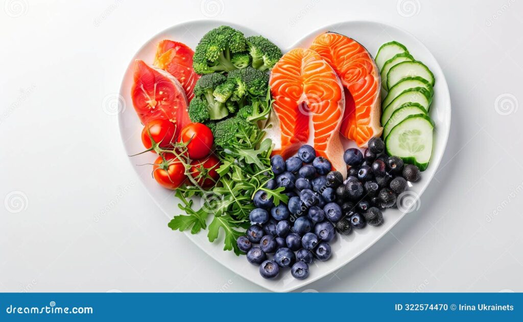 Anti-inflammatory foods such as salmon, leafy greens, and berries to improve your heart health